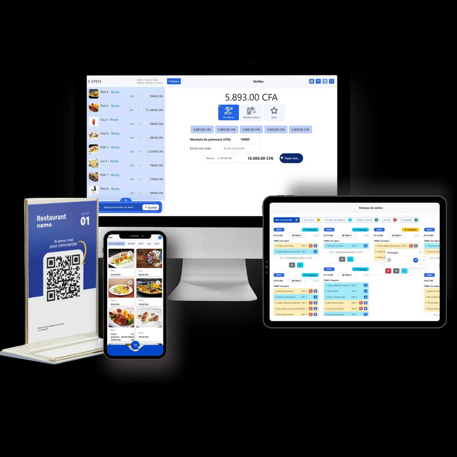 Suite Linkup Resto : plaque NFC à table, application mobile, caisse vendeur et panneau cuisine